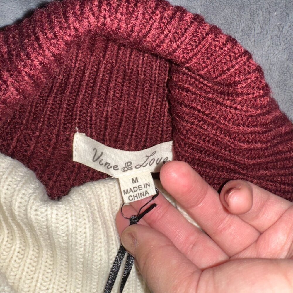 Vine & Love Burgundy Pink Tan Cream Chunky Knit Oversized Sweater Turtleneck - Picture 4 of 7